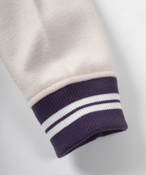 make a ray!（メイク ア レイ！）の「カレッジロゴ ワッペン刺繍 リブライン ウーリーテック カットスタジャン/ビッグシルエット（スタジャン・メンズ・ブラック/パープル/ブラック系その他・M/L/XL）」の11枚目の写真