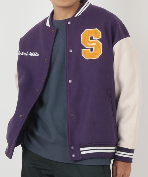 make a ray!（メイク ア レイ！）の「カレッジロゴ ワッペン刺繍 リブライン ウーリーテック カットスタジャン/ビッグシルエット（スタジャン・メンズ・ブラック/パープル/ブラック系その他・M/L/XL）」の18枚目の写真