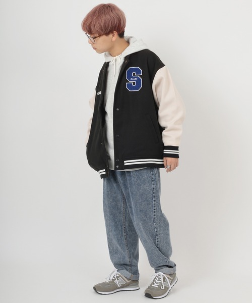 make a ray!（メイク ア レイ！）の「カレッジロゴ ワッペン刺繍 リブライン ウーリーテック カットスタジャン/ビッグシルエット（スタジャン・メンズ・ブラック/パープル/ブラック系その他・M/L/XL）」の15枚目の写真