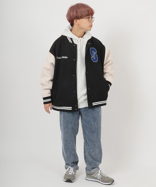 make a ray!（メイク ア レイ！）の「カレッジロゴ ワッペン刺繍 リブライン ウーリーテック カットスタジャン/ビッグシルエット（スタジャン・メンズ・ブラック/パープル/ブラック系その他・M/L/XL）」の14枚目の写真