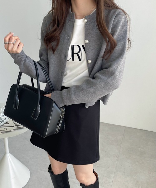 【新色追加】パールボタン無地ボーダー長袖ニットカーディガン(カーディガン/ボレロ)|andme(アンドミー)