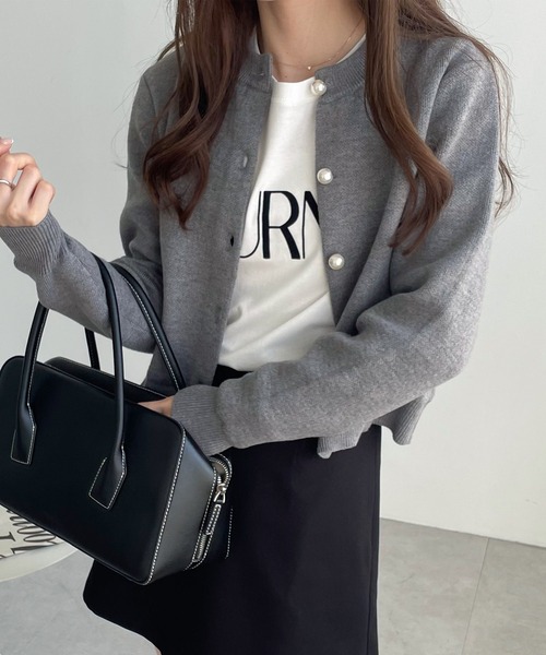 【新色追加】パールボタン無地ボーダー長袖ニットカーディガン(カーディガン/ボレロ)|andme(アンドミー)