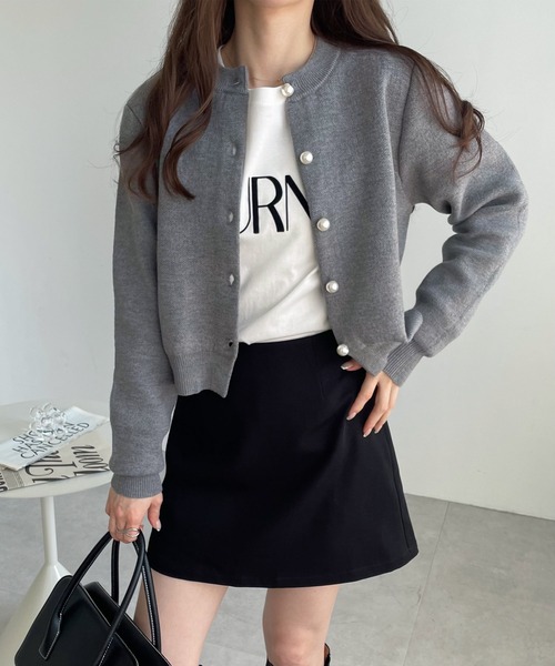 【新色追加】パールボタン無地ボーダー長袖ニットカーディガン(カーディガン/ボレロ)|andme(アンドミー)