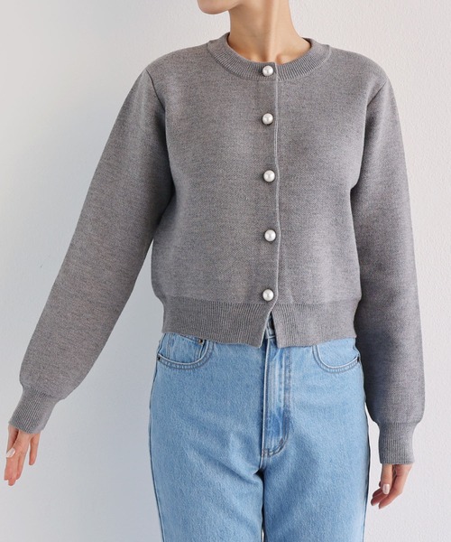 【新色追加】パールボタン無地ボーダー長袖ニットカーディガン(カーディガン/ボレロ)|andme(アンドミー)