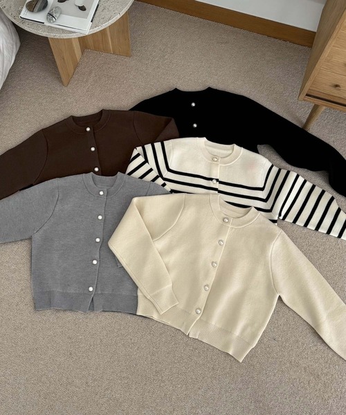 【新色追加】パールボタン無地ボーダー長袖ニットカーディガン(カーディガン/ボレロ)|andme(アンドミー)