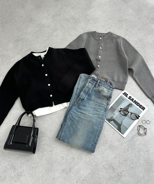 【新色追加】パールボタン無地ボーダー長袖ニットカーディガン(カーディガン/ボレロ)|andme(アンドミー)