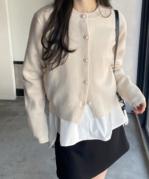 【新色追加】パールボタン無地ボーダー長袖ニットカーディガン(カーディガン/ボレロ)|andme(アンドミー)
