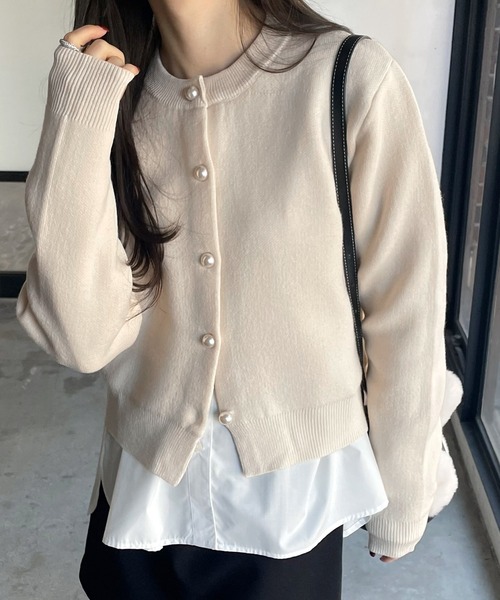 【新色追加】パールボタン無地ボーダー長袖ニットカーディガン(カーディガン/ボレロ)|andme(アンドミー)