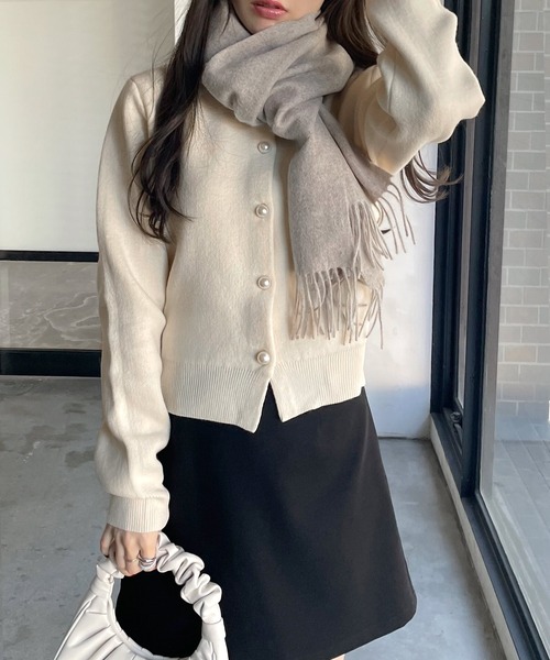 【新色追加】パールボタン無地ボーダー長袖ニットカーディガン(カーディガン/ボレロ)|andme(アンドミー)