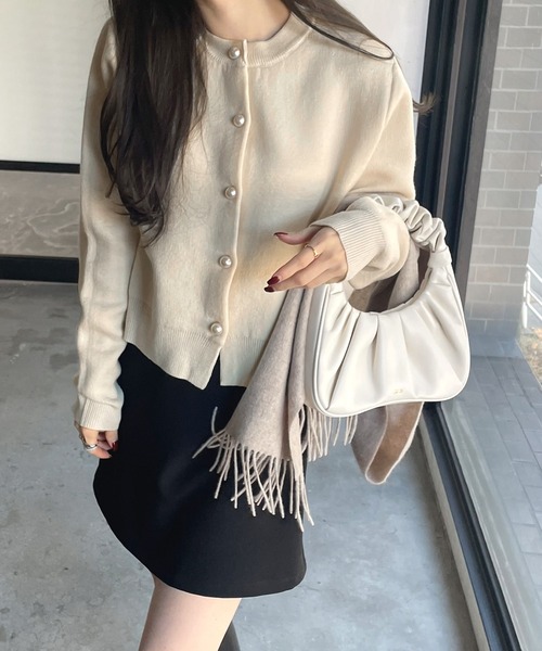 【新色追加】パールボタン無地ボーダー長袖ニットカーディガン(カーディガン/ボレロ)|andme(アンドミー)