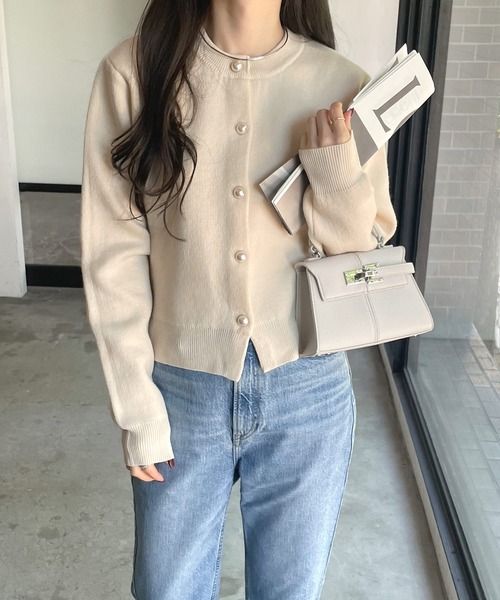 【新色追加】パールボタン無地ボーダー長袖ニットカーディガン(カーディガン/ボレロ)|andme(アンドミー)