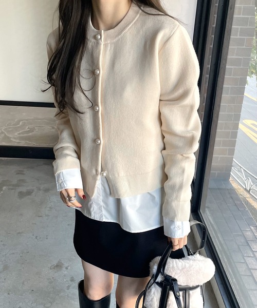 【新色追加】パールボタン無地ボーダー長袖ニットカーディガン(カーディガン/ボレロ)|andme(アンドミー)