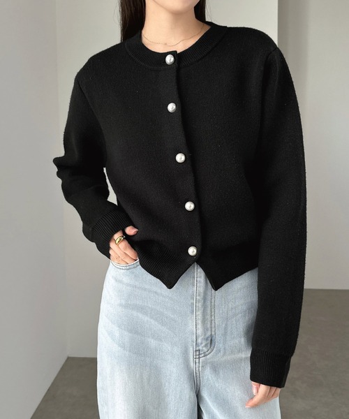 【新色追加】パールボタン無地ボーダー長袖ニットカーディガン(カーディガン/ボレロ)|andme(アンドミー)