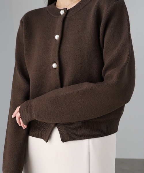 【新色追加】パールボタン無地ボーダー長袖ニットカーディガン(カーディガン/ボレロ)|andme(アンドミー)