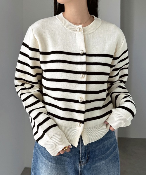 【新色追加】パールボタン無地ボーダー長袖ニットカーディガン(カーディガン/ボレロ)|andme(アンドミー)