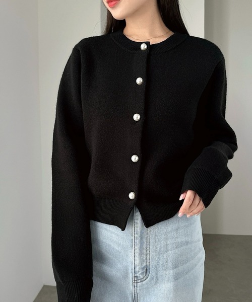 【新色追加】パールボタン無地ボーダー長袖ニットカーディガン(カーディガン/ボレロ)|andme(アンドミー)