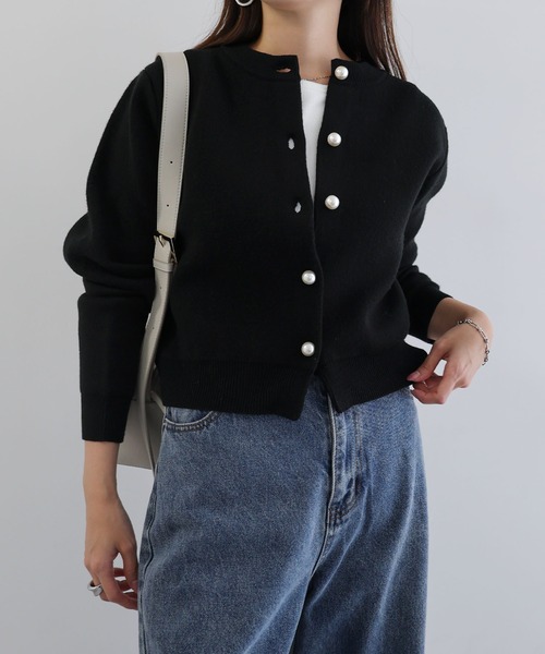 【新色追加】パールボタン無地ボーダー長袖ニットカーディガン(カーディガン/ボレロ)|andme(アンドミー)