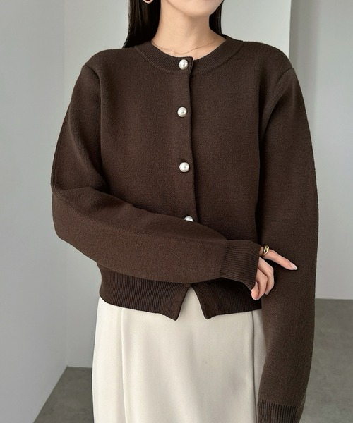 【新色追加】パールボタン無地ボーダー長袖ニットカーディガン(カーディガン/ボレロ)|andme(アンドミー)