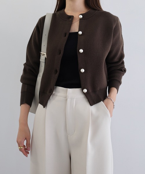 【新色追加】パールボタン無地ボーダー長袖ニットカーディガン(カーディガン/ボレロ)|andme(アンドミー)