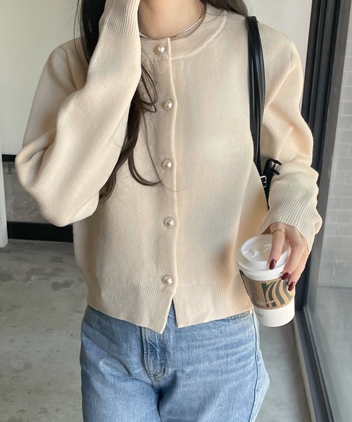 【新色追加】パールボタン無地ボーダー長袖ニットカーディガン(カーディガン/ボレロ)|andme(アンドミー)