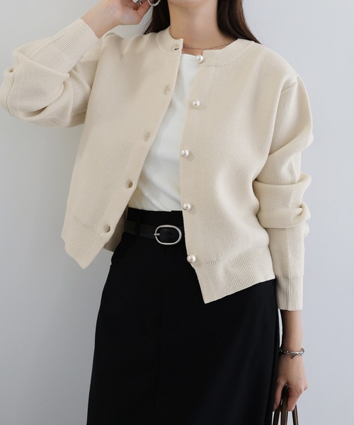 【新色追加】パールボタン無地ボーダー長袖ニットカーディガン(カーディガン/ボレロ)|andme(アンドミー)