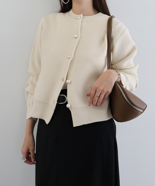 【新色追加】パールボタン無地ボーダー長袖ニットカーディガン(カーディガン/ボレロ)|andme(アンドミー)