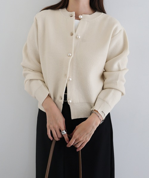 【新色追加】パールボタン無地ボーダー長袖ニットカーディガン(カーディガン/ボレロ)|andme(アンドミー)