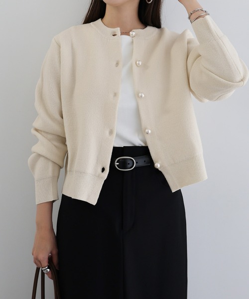 【新色追加】パールボタン無地ボーダー長袖ニットカーディガン(カーディガン/ボレロ)|andme(アンドミー)