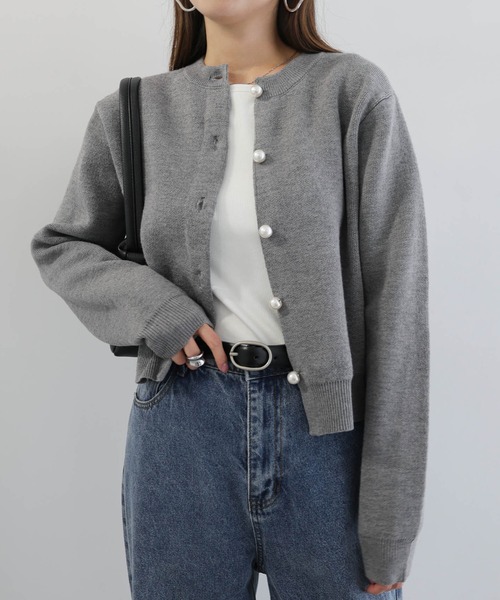 【新色追加】パールボタン無地ボーダー長袖ニットカーディガン(カーディガン/ボレロ)|andme(アンドミー)