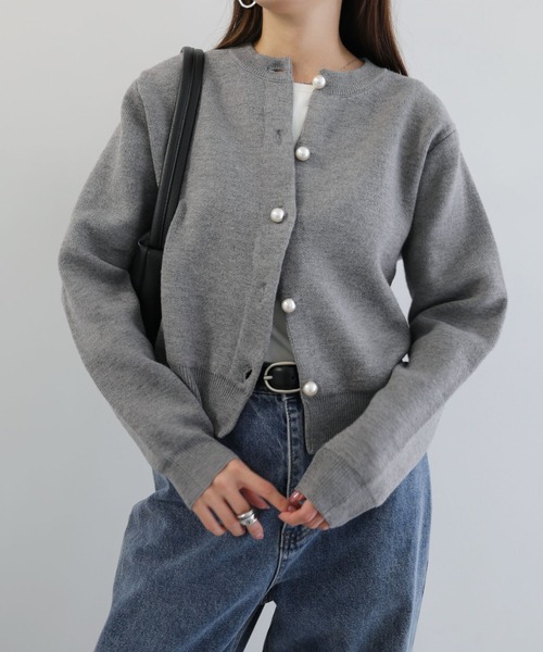 【新色追加】パールボタン無地ボーダー長袖ニットカーディガン(カーディガン/ボレロ)|andme(アンドミー)