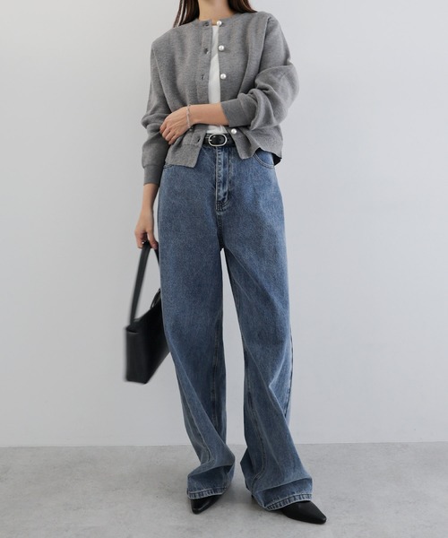 【新色追加】パールボタン無地ボーダー長袖ニットカーディガン(カーディガン/ボレロ)|andme(アンドミー)