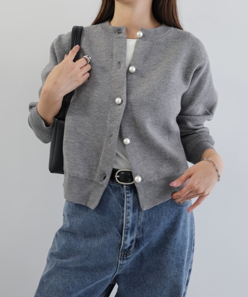 【新色追加】パールボタン無地ボーダー長袖ニットカーディガン(カーディガン/ボレロ)|andme(アンドミー)