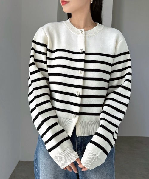 【新色追加】パールボタン無地ボーダー長袖ニットカーディガン(カーディガン/ボレロ)|andme(アンドミー)
