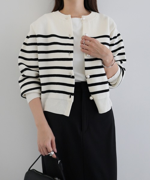 【新色追加】パールボタン無地ボーダー長袖ニットカーディガン(カーディガン/ボレロ)|andme(アンドミー)