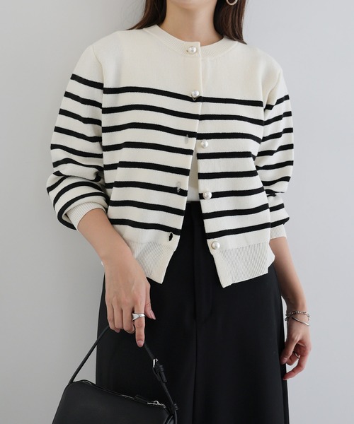 【新色追加】パールボタン無地ボーダー長袖ニットカーディガン(カーディガン/ボレロ)|andme(アンドミー)