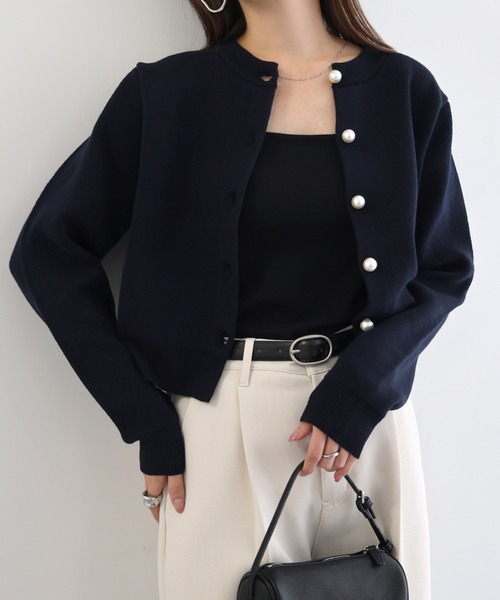 【新色追加】パールボタン無地ボーダー長袖ニットカーディガン(カーディガン/ボレロ)|andme(アンドミー)
