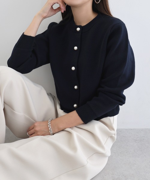 【新色追加】パールボタン無地ボーダー長袖ニットカーディガン(カーディガン/ボレロ)|andme(アンドミー)