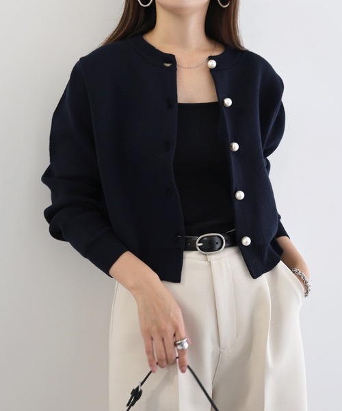 【新色追加】パールボタン無地ボーダー長袖ニットカーディガン(カーディガン/ボレロ)|andme(アンドミー)