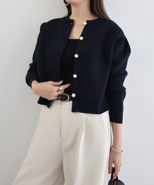 【新色追加】パールボタン無地ボーダー長袖ニットカーディガン(カーディガン/ボレロ)|andme(アンドミー)