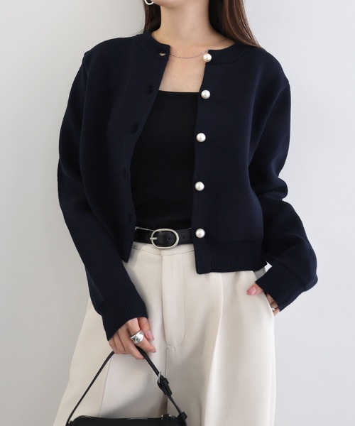 【新色追加】パールボタン無地ボーダー長袖ニットカーディガン(カーディガン/ボレロ)|andme(アンドミー)