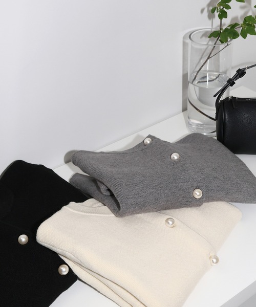 【新色追加】パールボタン無地ボーダー長袖ニットカーディガン(カーディガン/ボレロ)|andme(アンドミー)