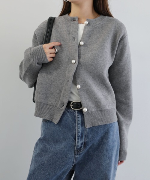 【新色追加】パールボタン無地ボーダー長袖ニットカーディガン(カーディガン/ボレロ)|andme(アンドミー)