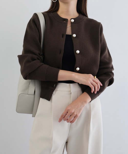 【新色追加】パールボタン無地ボーダー長袖ニットカーディガン(カーディガン/ボレロ)|andme(アンドミー)