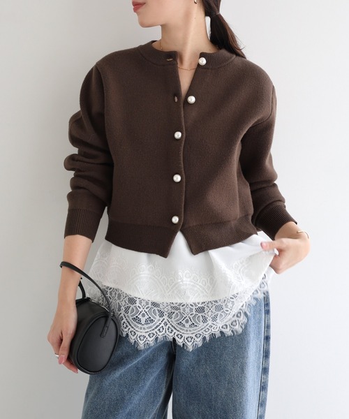 セール】【新色追加】パールボタン無地ボーダー長袖ニットカーディガン