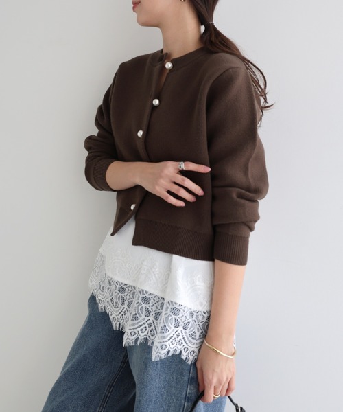 【新色追加】パールボタン無地ボーダー長袖ニットカーディガン(カーディガン/ボレロ)|andme(アンドミー)