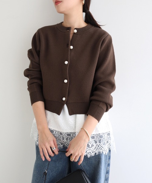 【新色追加】パールボタン無地ボーダー長袖ニットカーディガン(カーディガン/ボレロ)|andme(アンドミー)