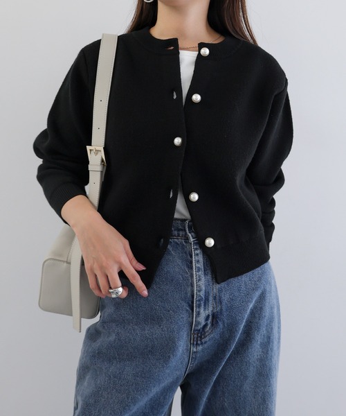 セール】【新色追加】パールボタン無地ボーダー長袖ニットカーディガン