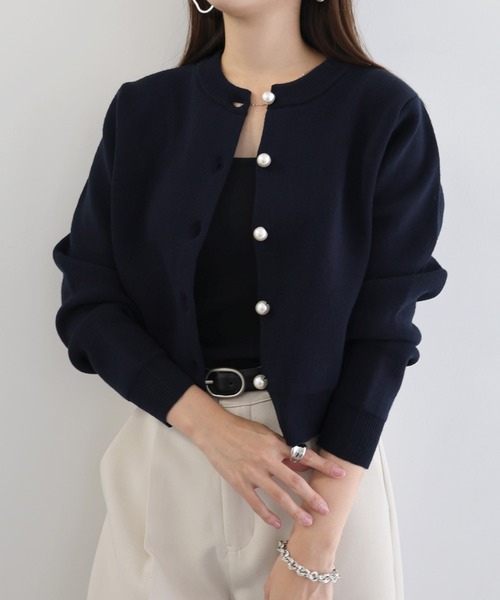セール】【新色追加】パールボタン無地ボーダー長袖ニットカーディガン