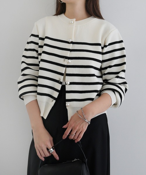 【新色追加】パールボタン無地ボーダー長袖ニットカーディガン(カーディガン/ボレロ)|andme(アンドミー)