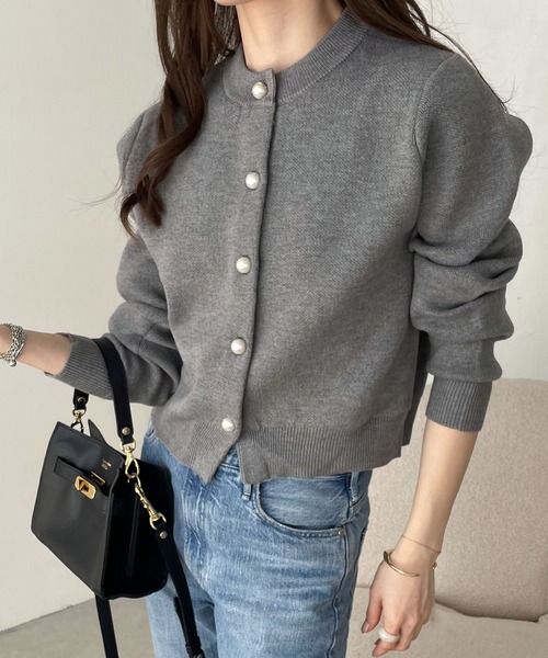 【新色追加】パールボタン無地ボーダー長袖ニットカーディガン(カーディガン/ボレロ)|andme(アンドミー)